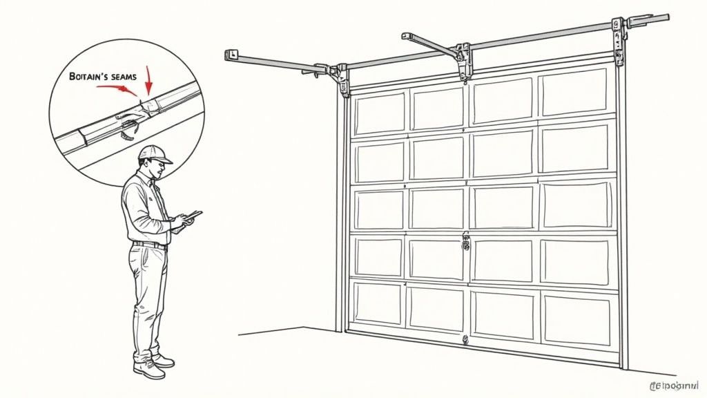 A technician inspects a closed garage door and its track system, with a detail of the seams.