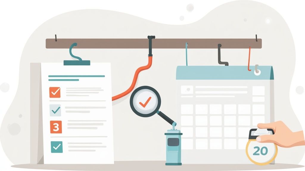 An illustration of task management with a checklist, calendar, magnifying glass, and date marker '20'.