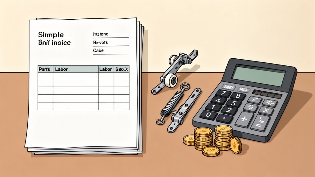 A stack of invoices, mechanical parts, a calculator, and coins arranged on a light brown table.