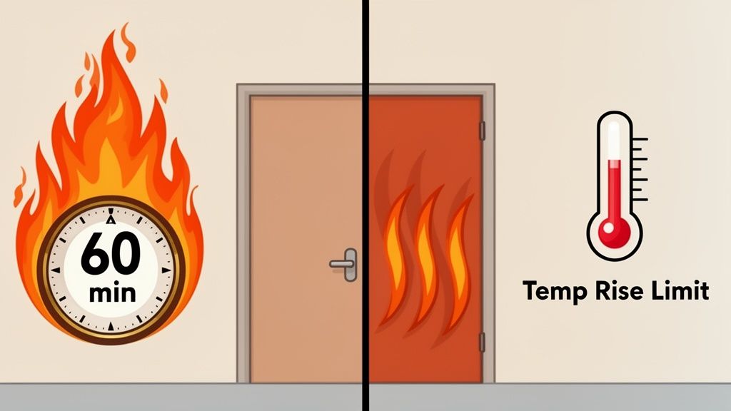 Illustration of a fire door's rating, showing 60 minutes of fire resistance and a temperature rise limit.