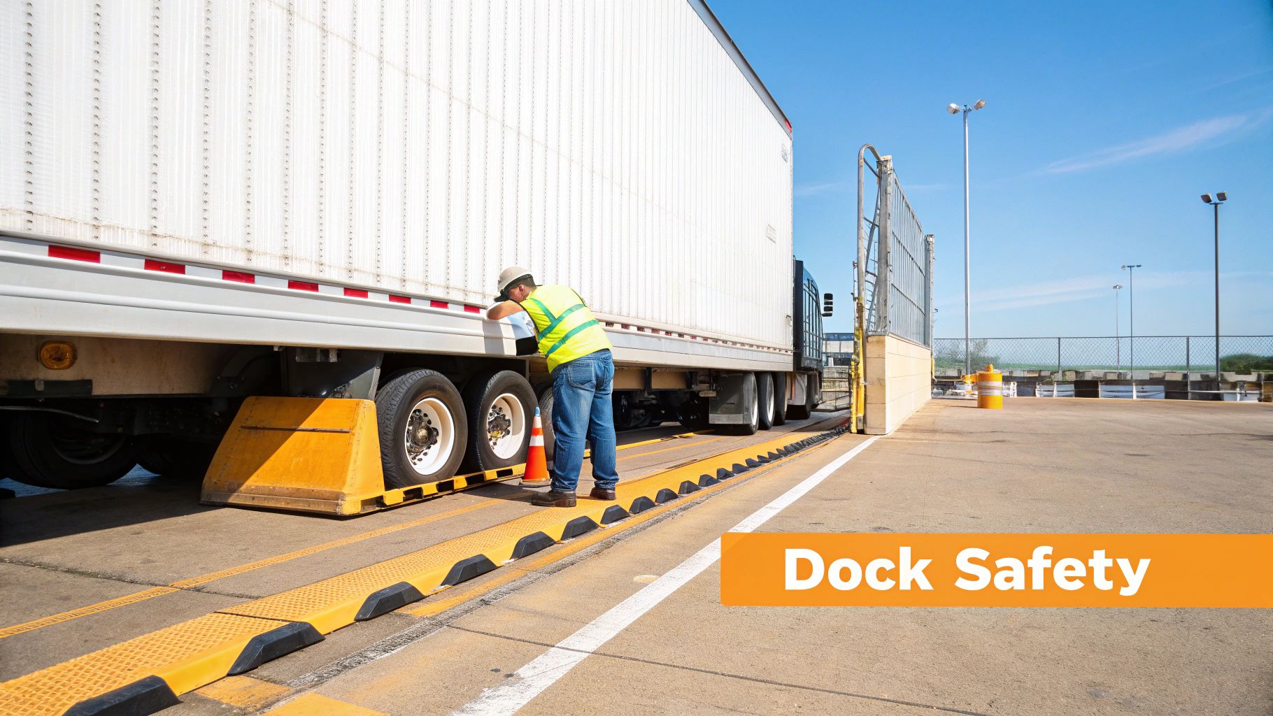 A yellow wheel chock positioned securely against the tire of a large commercial trailer at a loading dock.
