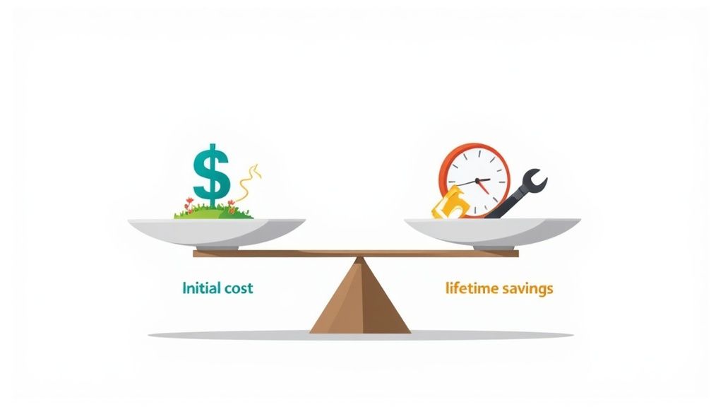 A balance scale showing initial cost (dollar sign) weighing less than lifetime savings (clock and wrench).