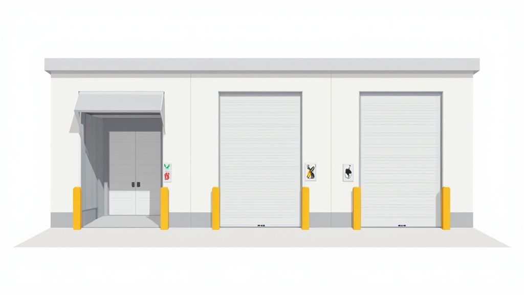 A minimalist illustration of a white industrial building facade featuring three loading dock bays.