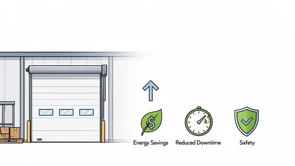Illustration of a commercial garage door with icons promoting energy savings, reduced downtime, and safety.