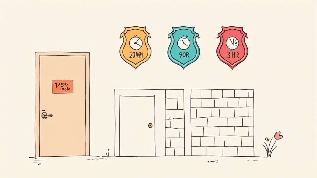 Illustration depicting three shield icons with clocks showing time ratings above two doors and a brick wall.