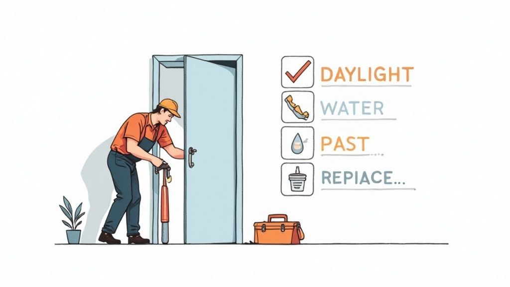 A handyman installs weatherstripping on an exterior door, with a checklist and toolbox nearby.