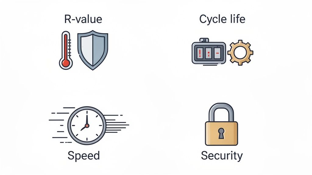 Four icons illustrate key performance indicators for a commercial overhead door: R-value, cycle life, speed, and security features.