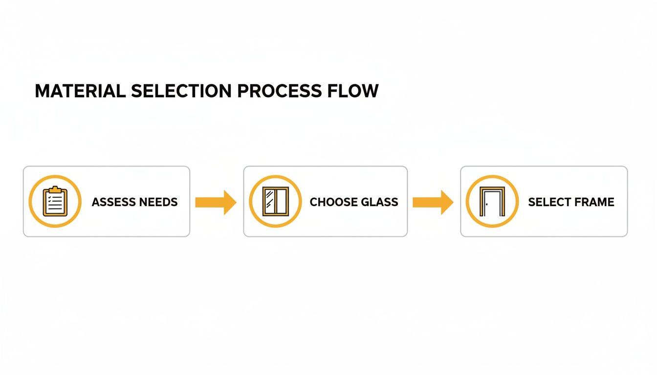 Flowchart showing a three-step material selection process: assess needs, choose glass, and select frame.