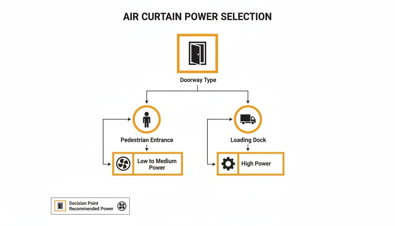 Flowchart illustrating air curtain power selection based on doorway type: pedestrian or loading dock.