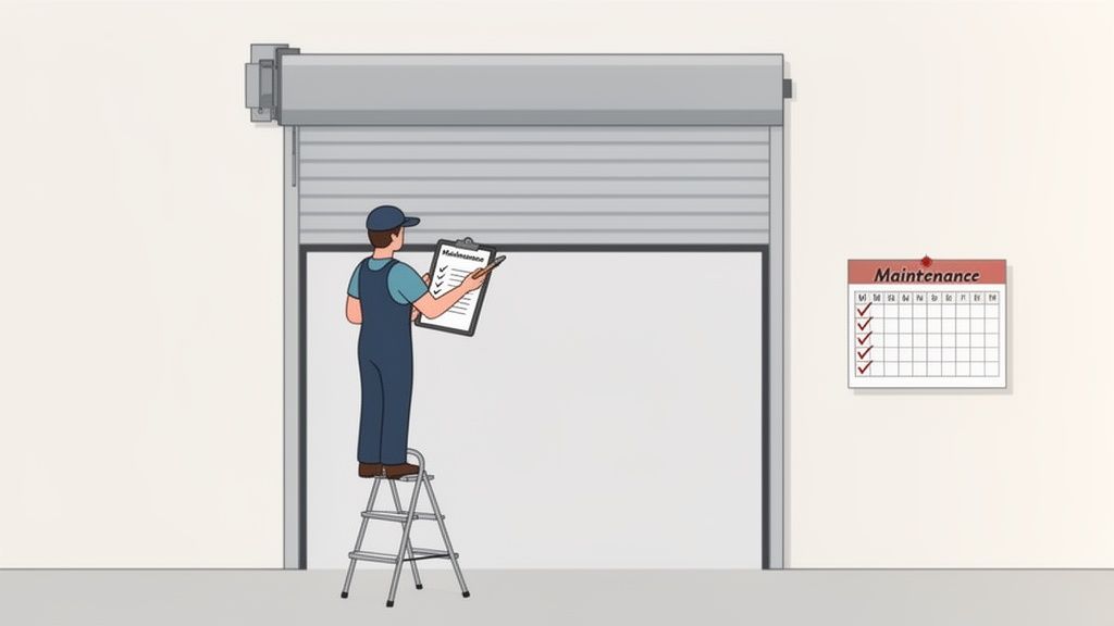 A maintenance worker on a ladder inspecting a garage door with a checklist and maintenance calendar.