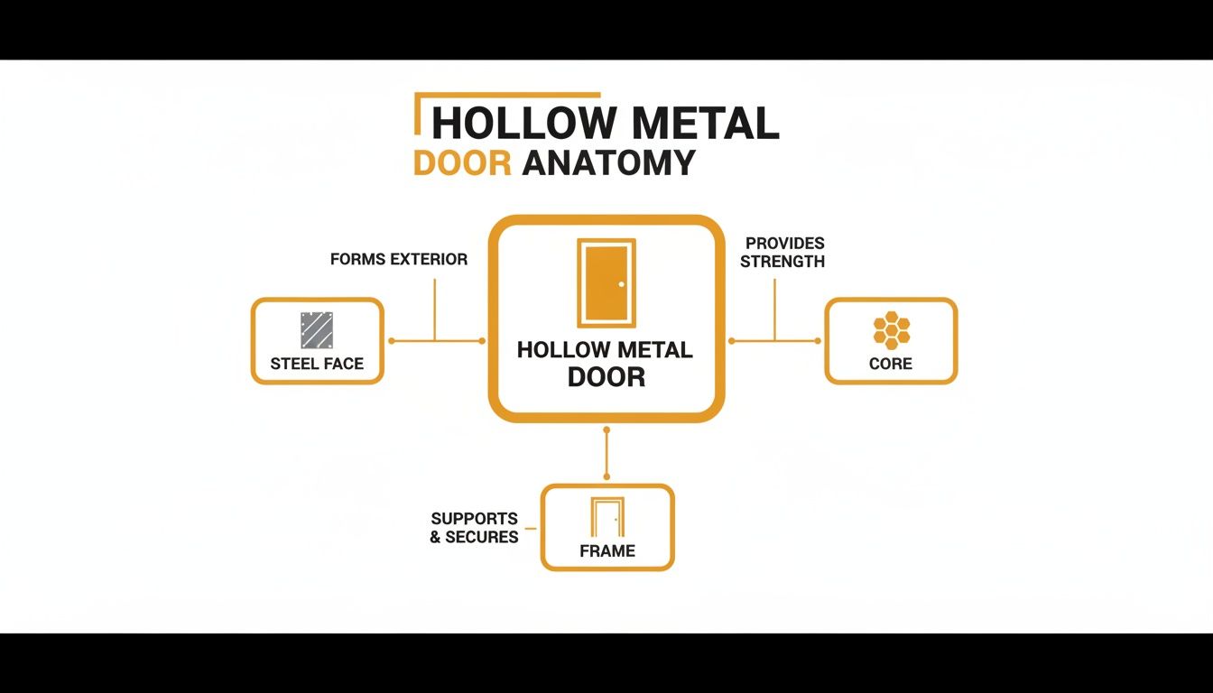 Diagram of hollow metal door anatomy, detailing its components: steel face, core, and supporting frame.