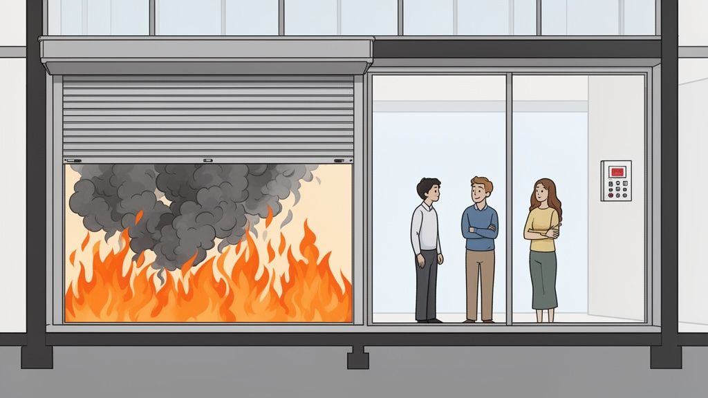 A fire burns behind a partially closed roller shutter, while three people watch safely from behind a glass wall.