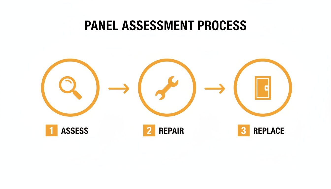 A panel assessment process infographic showing three steps: assess with a magnifying glass, repair with a wrench, and replace with a door.