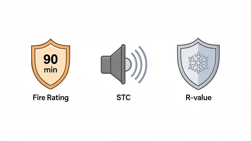 Three icons representing product features: 90 min fire rating, STC (sound transmission class), and R-value (thermal resistance).