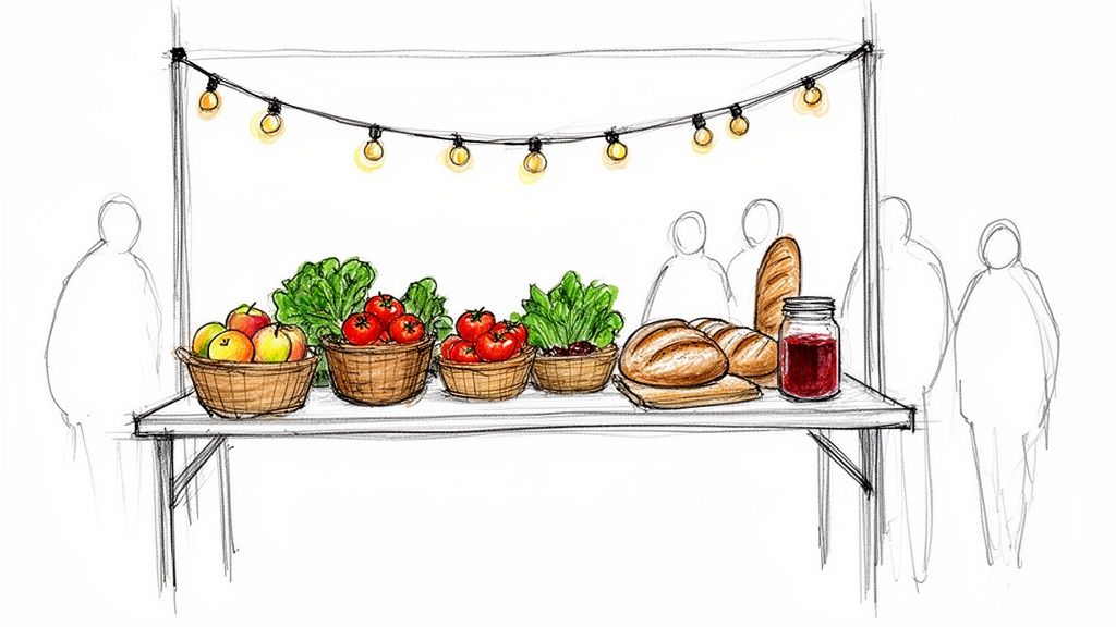 A colorful sketch of a farmer's market stall with fresh produce, bread, and jam under string lights.