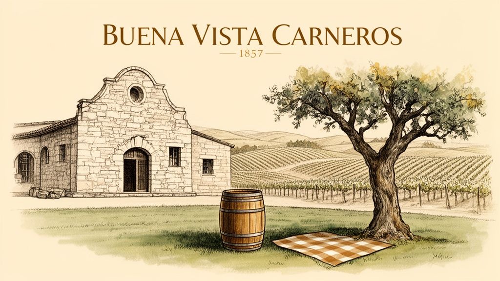 Watercolor illustration of a historic stone winery building, vineyards, a tree, and picnic spot.