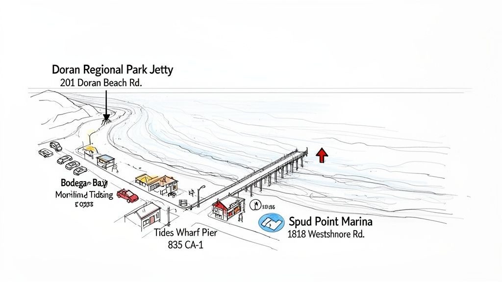 Hand-drawn map showing Doran Regional Park Jetty, Tides Wharf Pier, and Spud Point Marina in Bodega Bay.