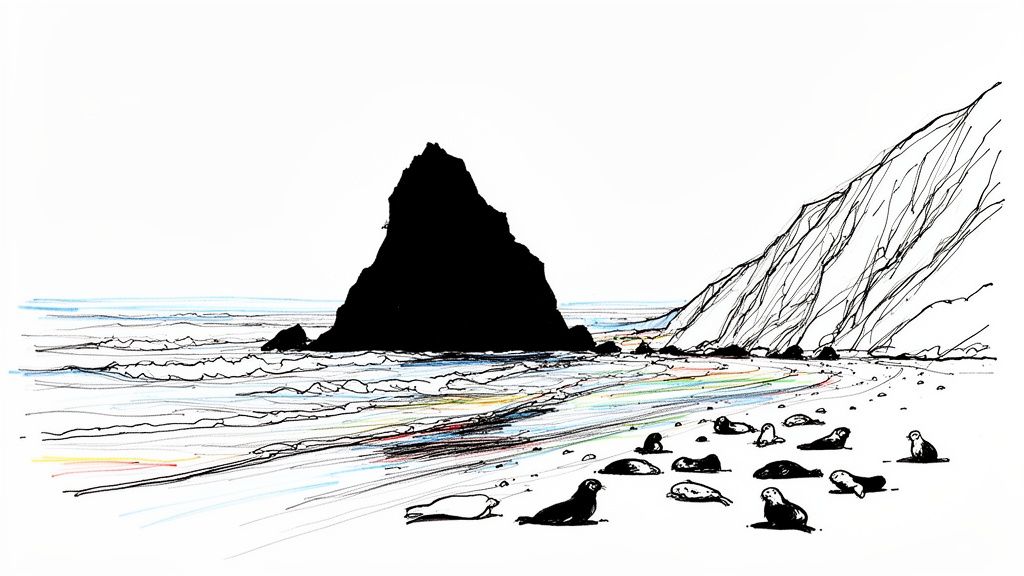 An ink drawing of a rocky beach with a large sea stack, cliffs, and many seals.