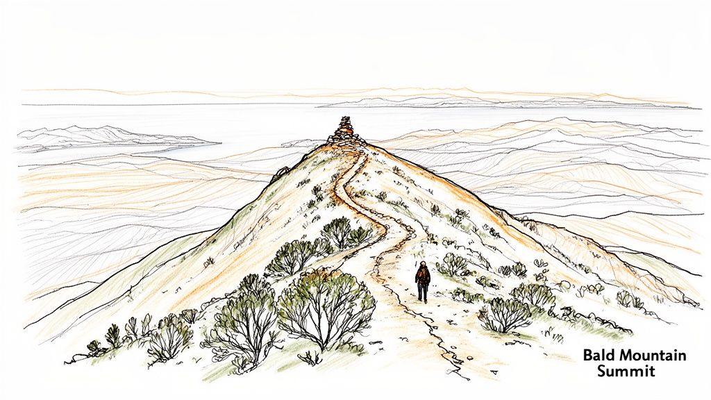 Sketch of a person hiking a winding trail up Bald Mountain Summit with a scenic view.