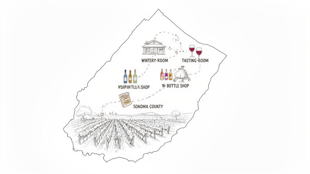 Illustration of a wine journey map in Sonoma County with vineyard, wintery room, tasting room, and shops.