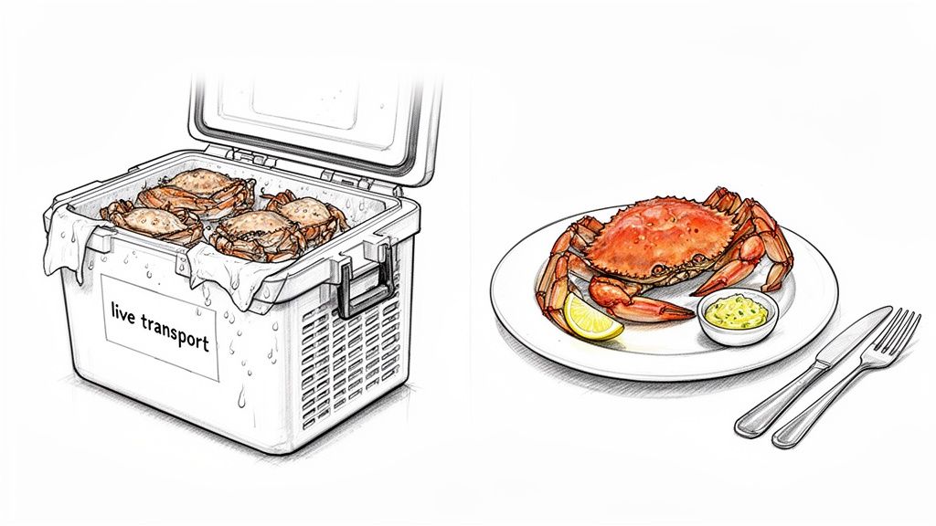 An illustration showing live crabs in a cooler for transport, and a cooked crab served on a plate with lemon.