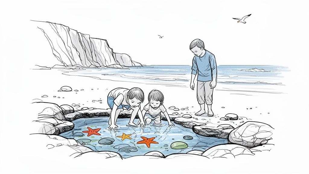 Kids on a beach discovering starfish and marine life in a tide pool.