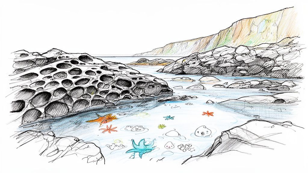 A colorful sketch of a vibrant tide pool with unique holey rocks, starfish, and cute sea creatures.