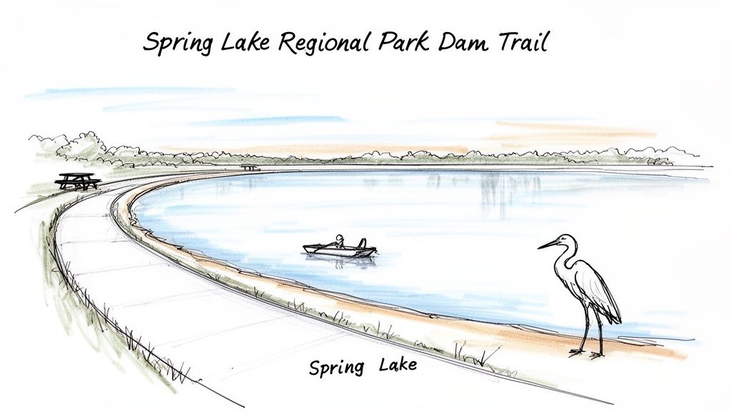 A vibrant sketch of Spring Lake Regional Park Dam Trail, showing a lake, boat, heron, and picnic area.