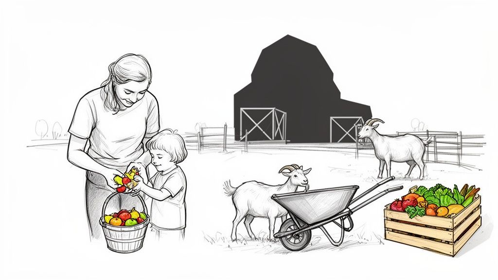 A woman and child harvest colorful fruit on a farm with goats, a barn, and fresh vegetables.