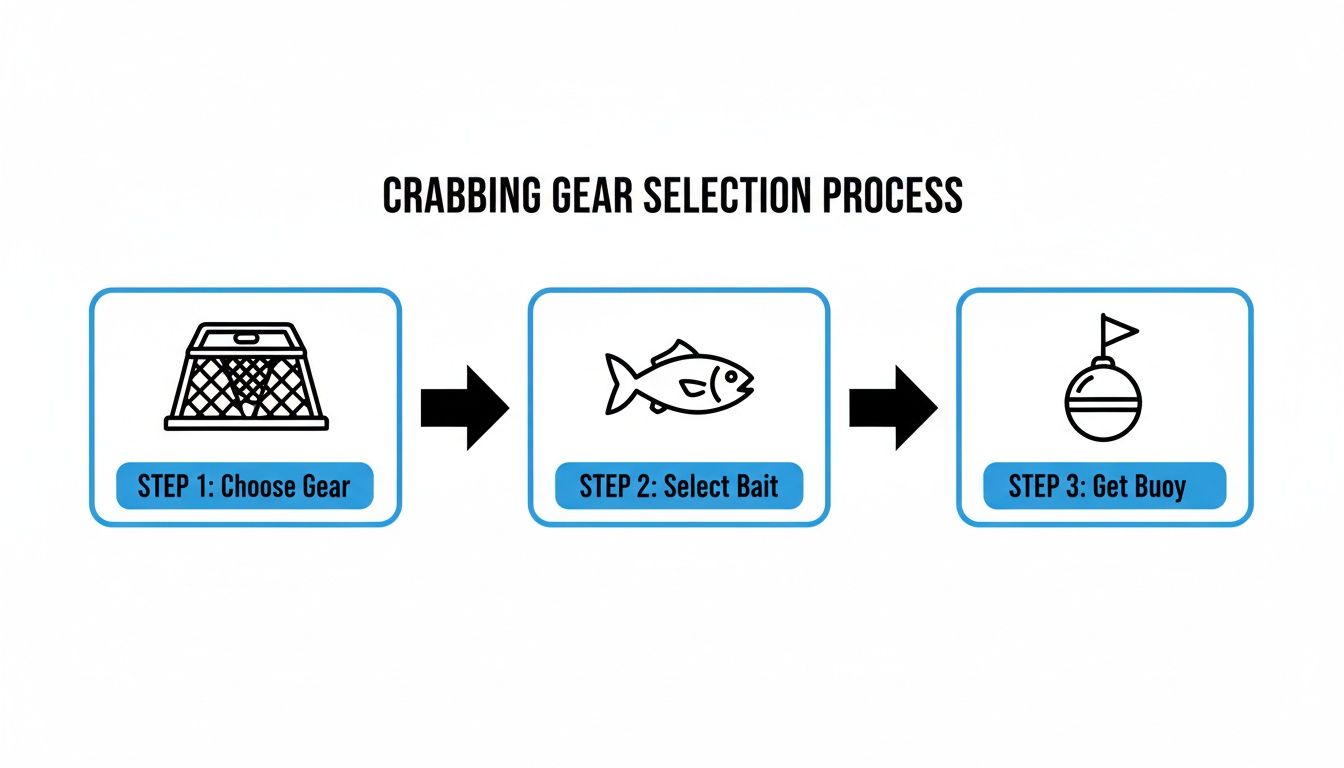A flowchart showing the crabbing gear selection process in three steps: choose gear, select bait, and get buoy.