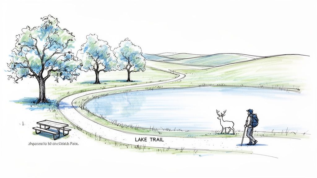 A scenic watercolor illustration of a lake trail with a hiker, deer, trees, and rolling hills.