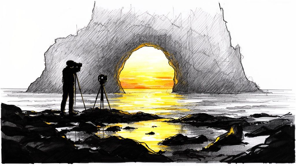 A sketch of a photographer at a rocky beach, capturing a vibrant sunset through a natural rock arch.