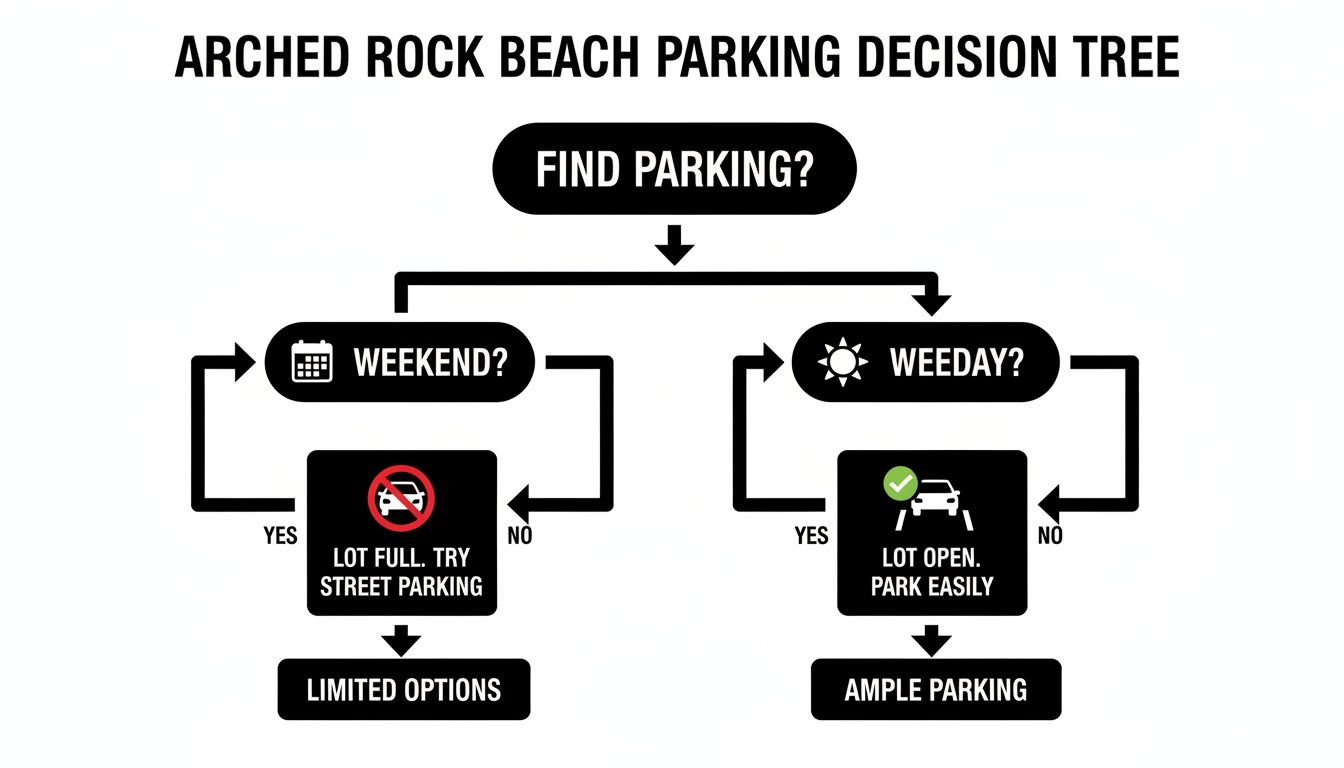 Decision tree flowchart illustrating parking options at Arched Rock Beach, differentiating between weekdays and weekends.