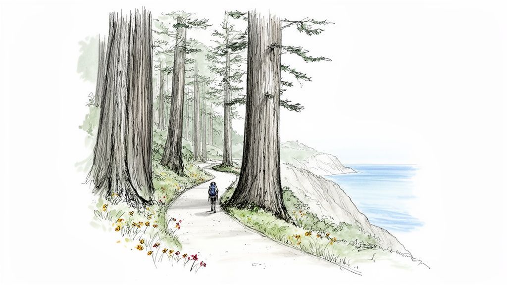 A person hikes a winding path through a redwood forest overlooking the ocean and cliffs.