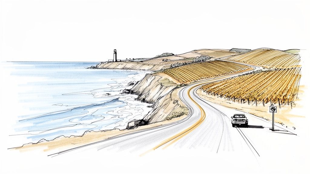 A watercolor sketch depicts a coastal road, ocean, lighthouse, and vineyards under a bright sky.