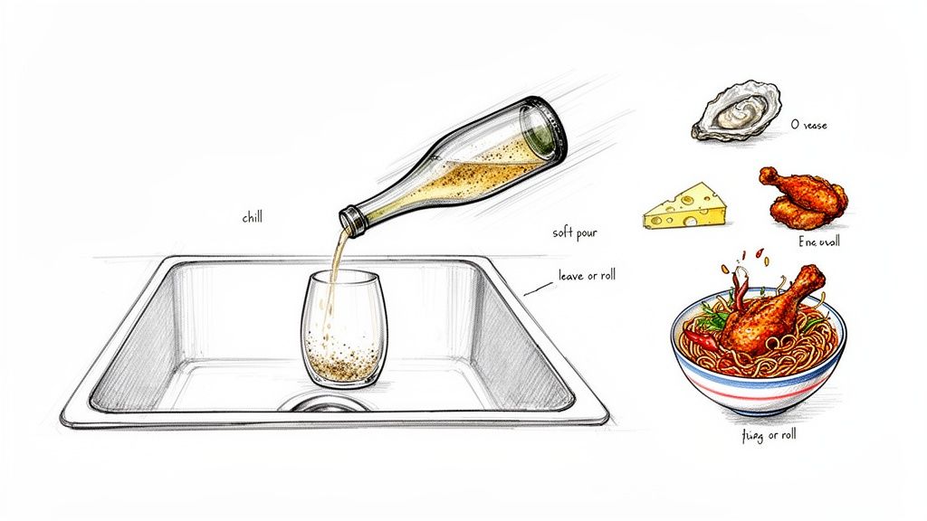 Illustration showing a bottle pouring sparkling wine into a glass, with oyster, cheese, and chicken dishes.