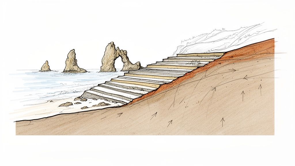 Diagram showing a coastal cross-section with sea stacks, an arch, layered rock formations, a beach, and groundwater flow.