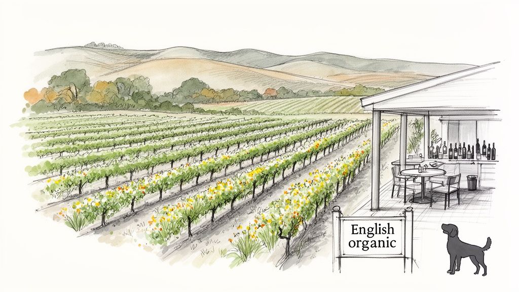 An illustrated watercolor image showing a vineyard with rows of grapevines, a building with a patio, and rolling hills.