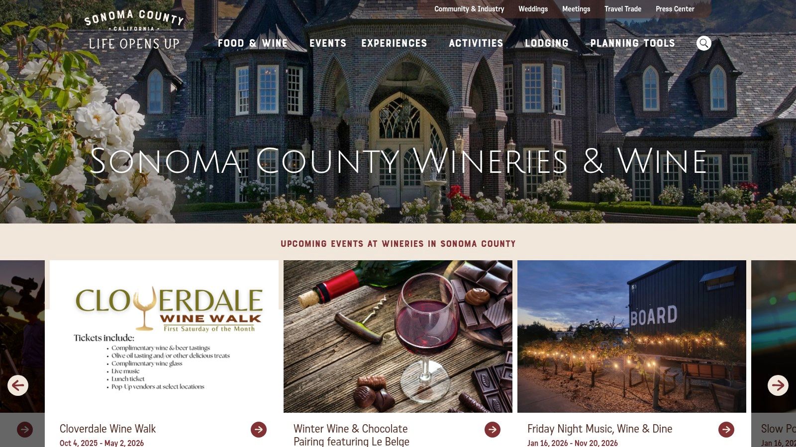 A collage of images showcasing Sonoma County winery events, including people enjoying wine, food pairings, and scenic vineyard views.