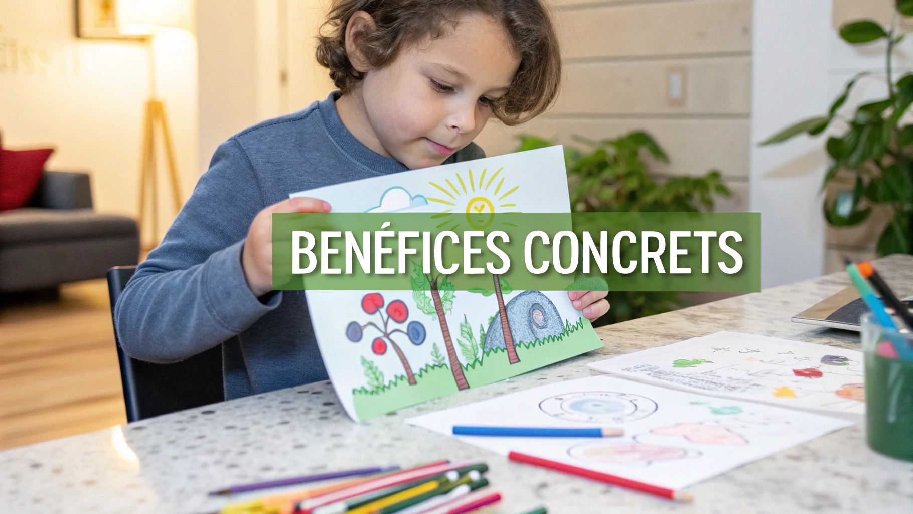 Un enfant sourit en montrant un dessin, illustrant la fierté et la créativité développées grâce aux activités du livre.