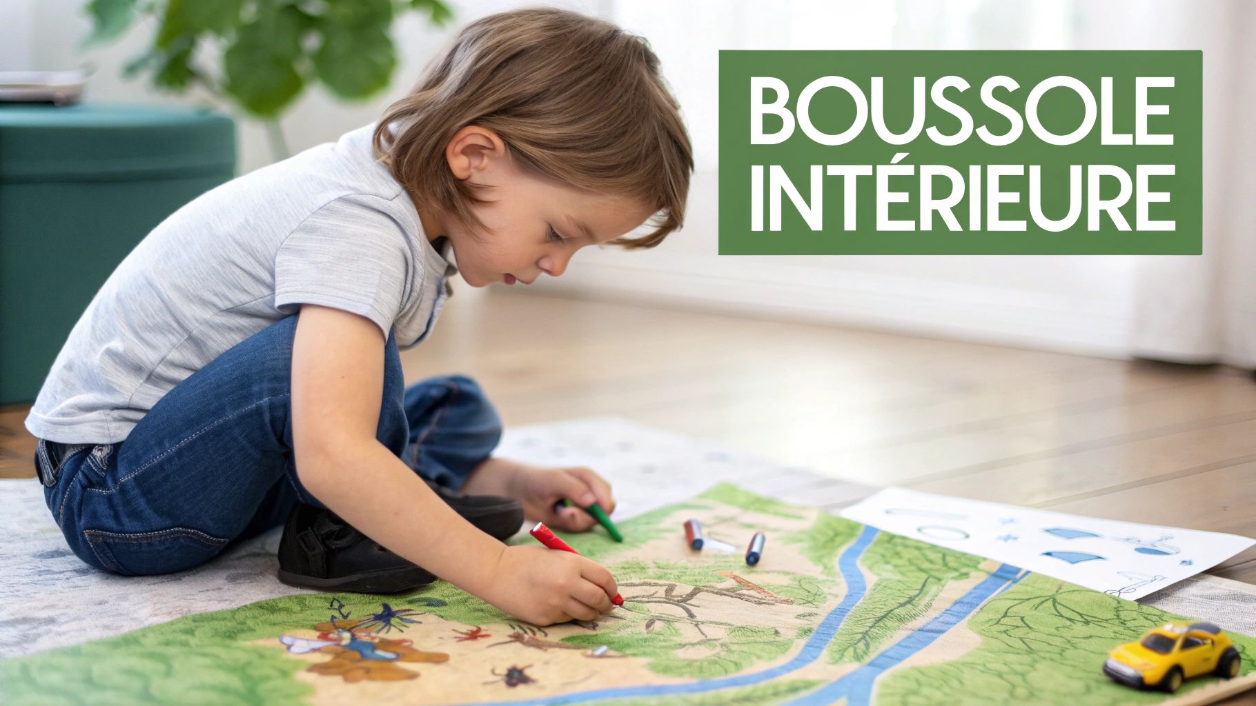 Un enfant concentré dessine avec des crayons sur une grande carte au sol, avec le texte "Boussole Intérieure".