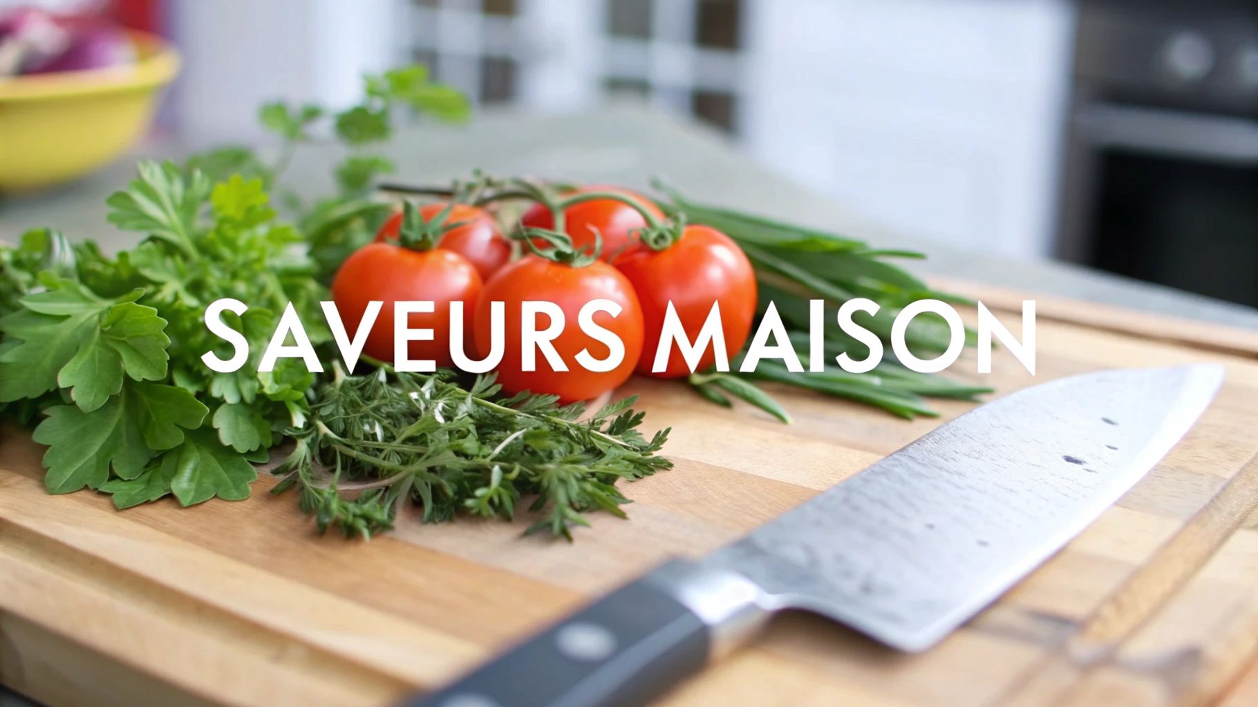 Cutting board with fresh tomatoes, aromatic herbs and kitchen knife for homemade flavors