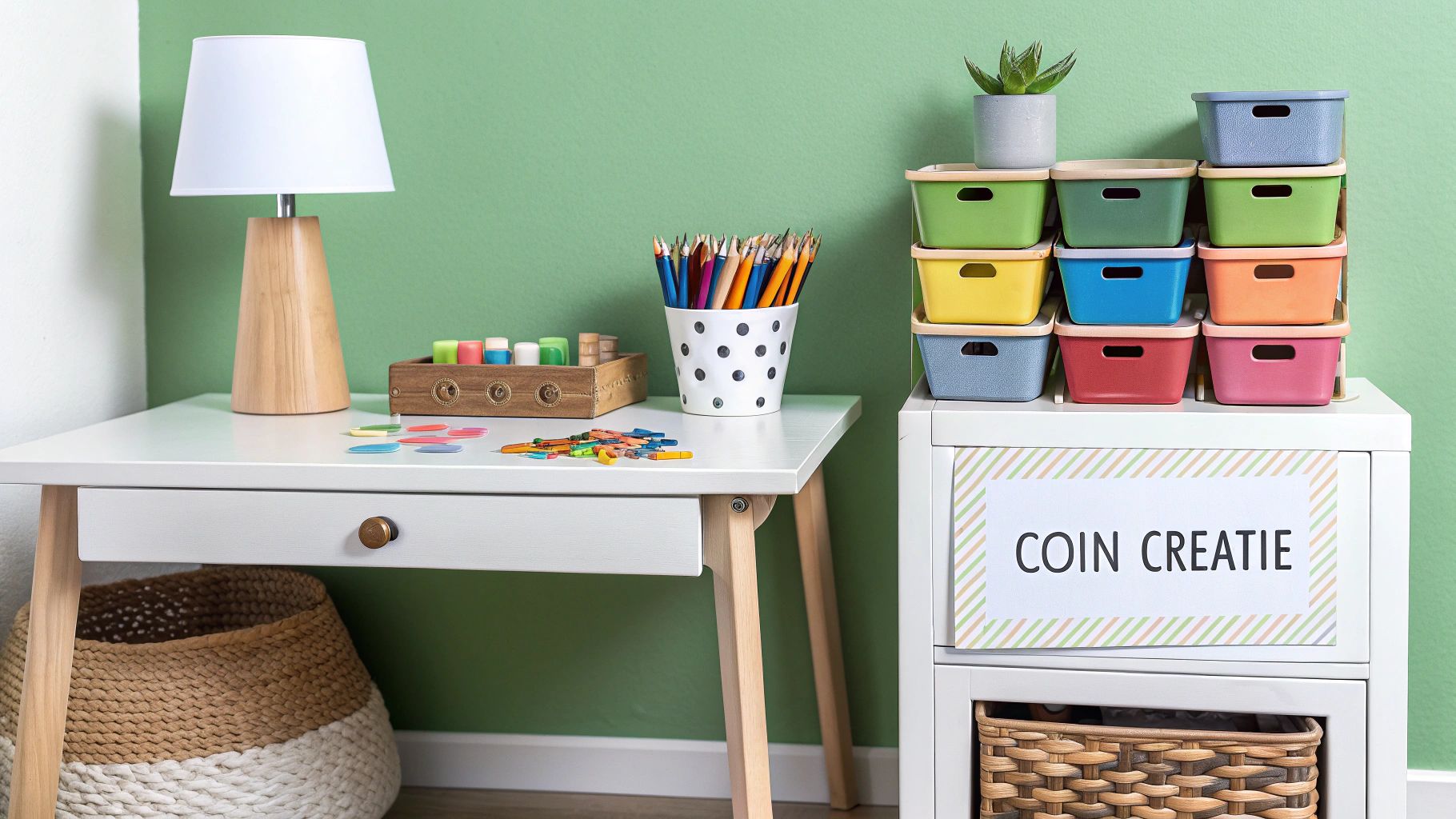 Un espace créatif bien organisé avec des crayons et du papier sur un bureau.