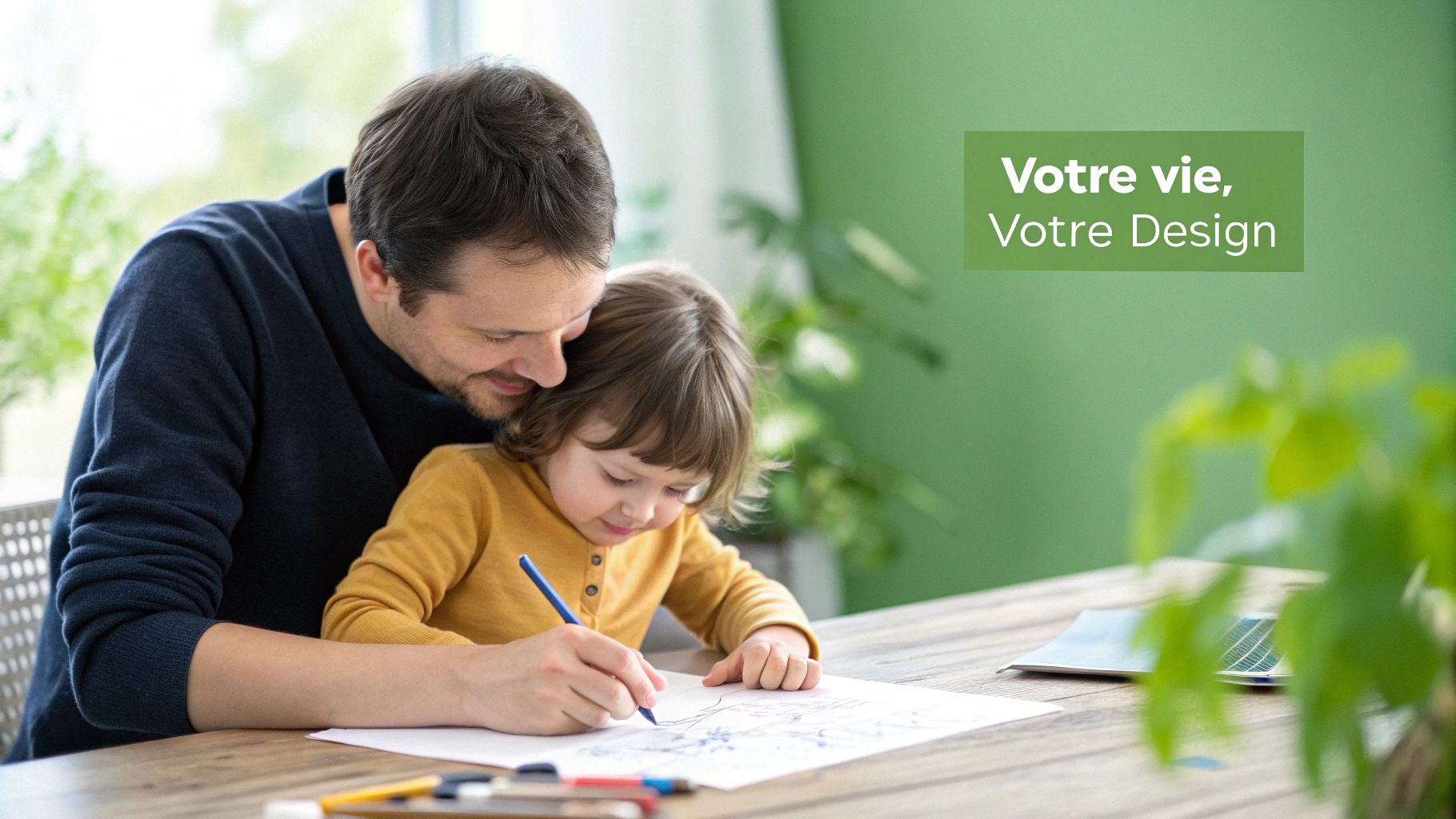 Un enfant dessine joyeusement sur le sol, entouré de crayons et de jouets, illustrant la créativité et le concept 'your life your design'.