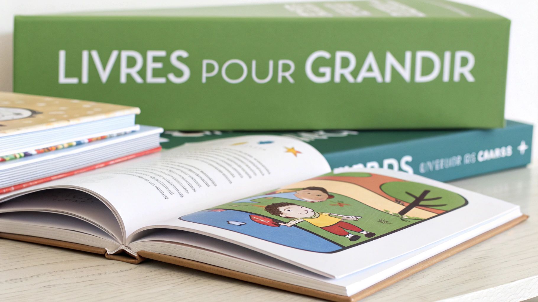 Plusieurs livres, dont un ouvert avec des illustrations d'enfants et une boîte verte "LIVRES POUR GRANDIR".