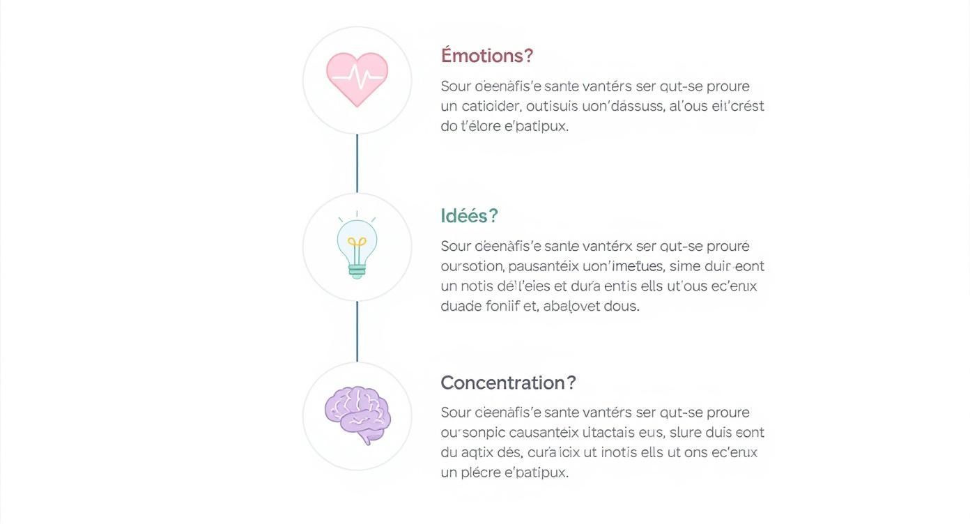 Infographie montrant un arbre de décision sur les bienfaits de l'écriture, avec des icônes pour les émotions, les idées et la concentration.