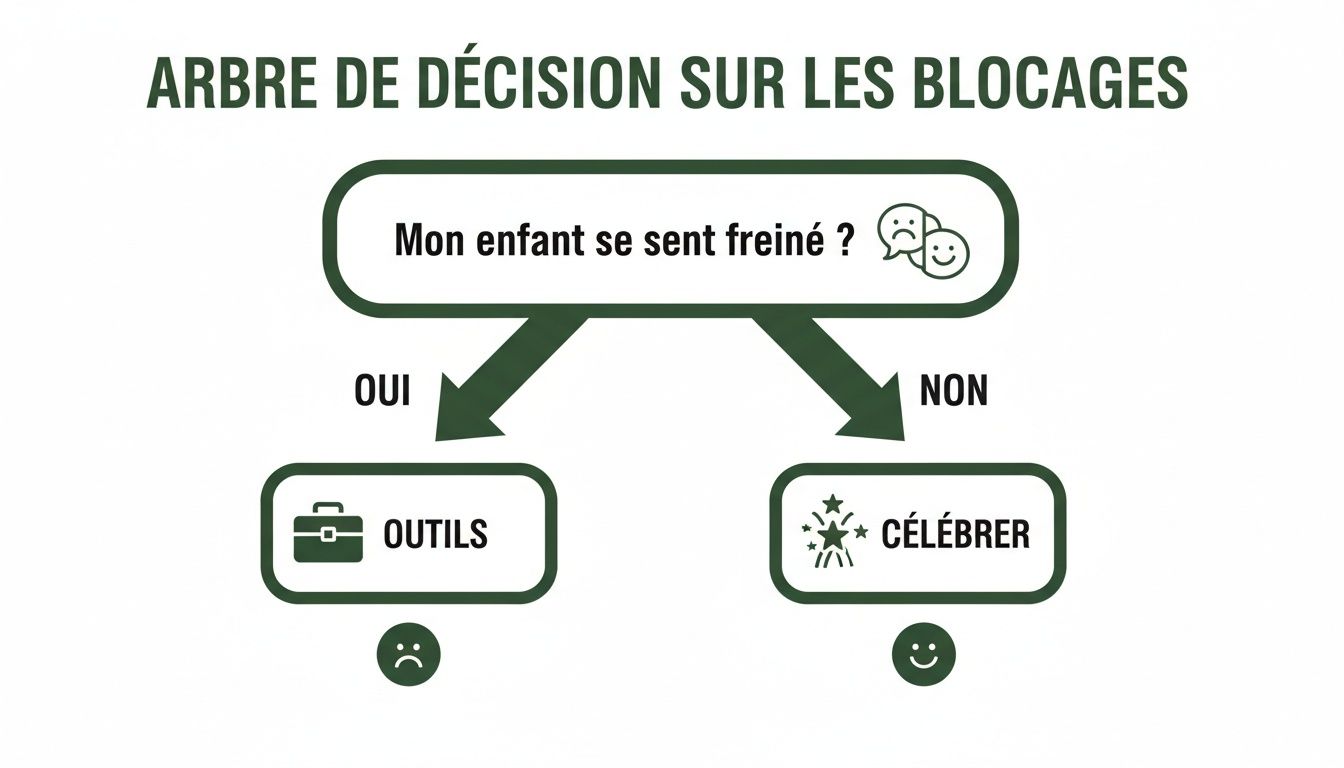 Arbre de décision pour les parents sur les blocages d'un enfant : si l'enfant se sent freiné, utiliser des outils ; sinon, célébrer.