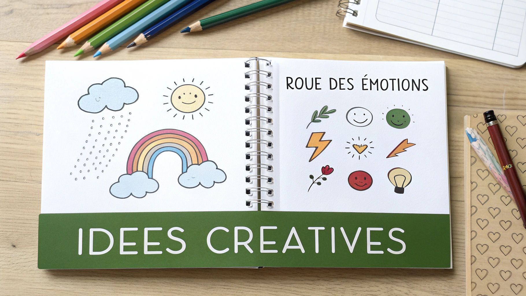 Journal ouvert présentant des dessins de météo et d'émotions, entouré de crayons de couleur et fournitures.