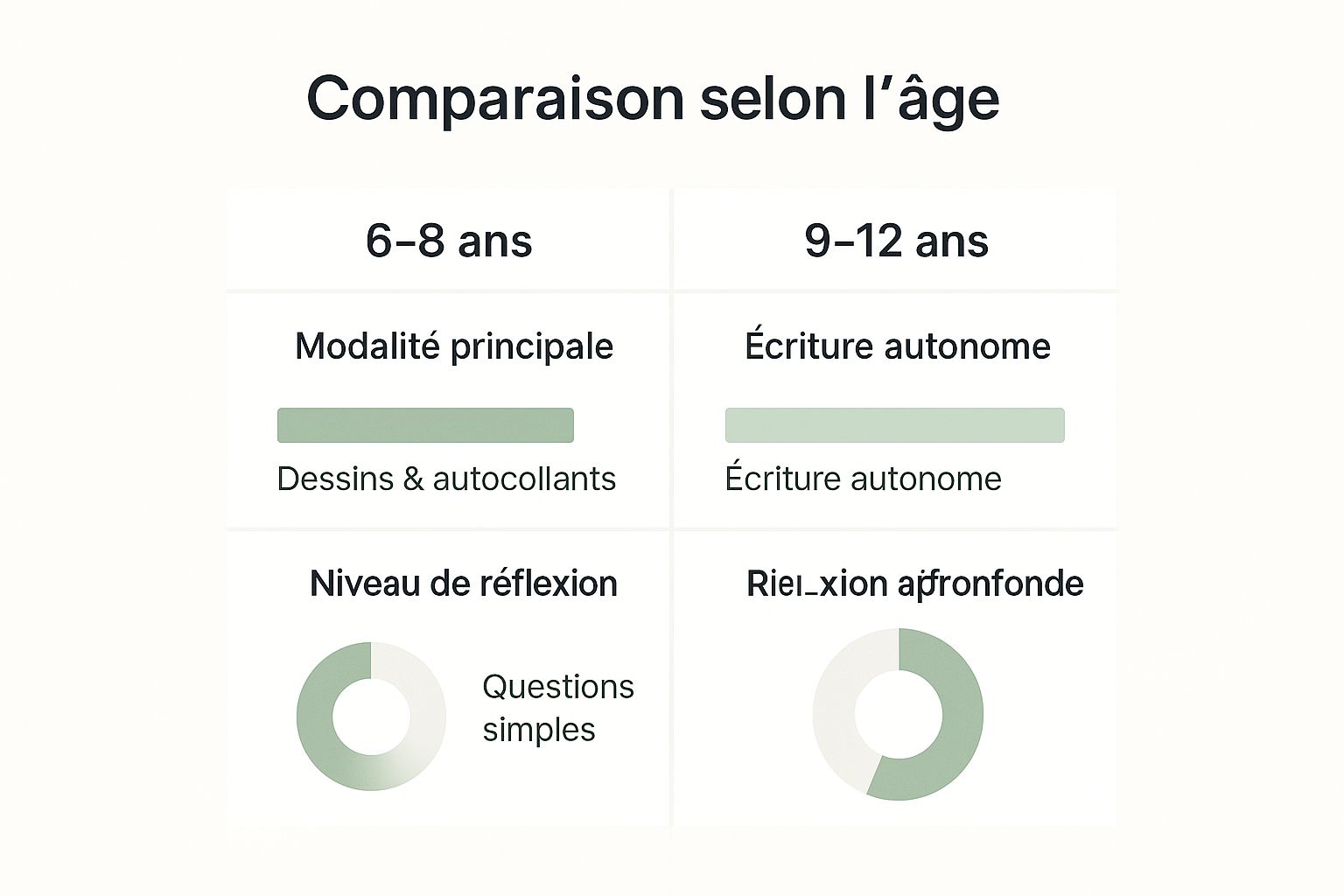 Infographie comparant l'utilisation du Five Minute Journal pour les 6-8 ans et les 9-12 ans.