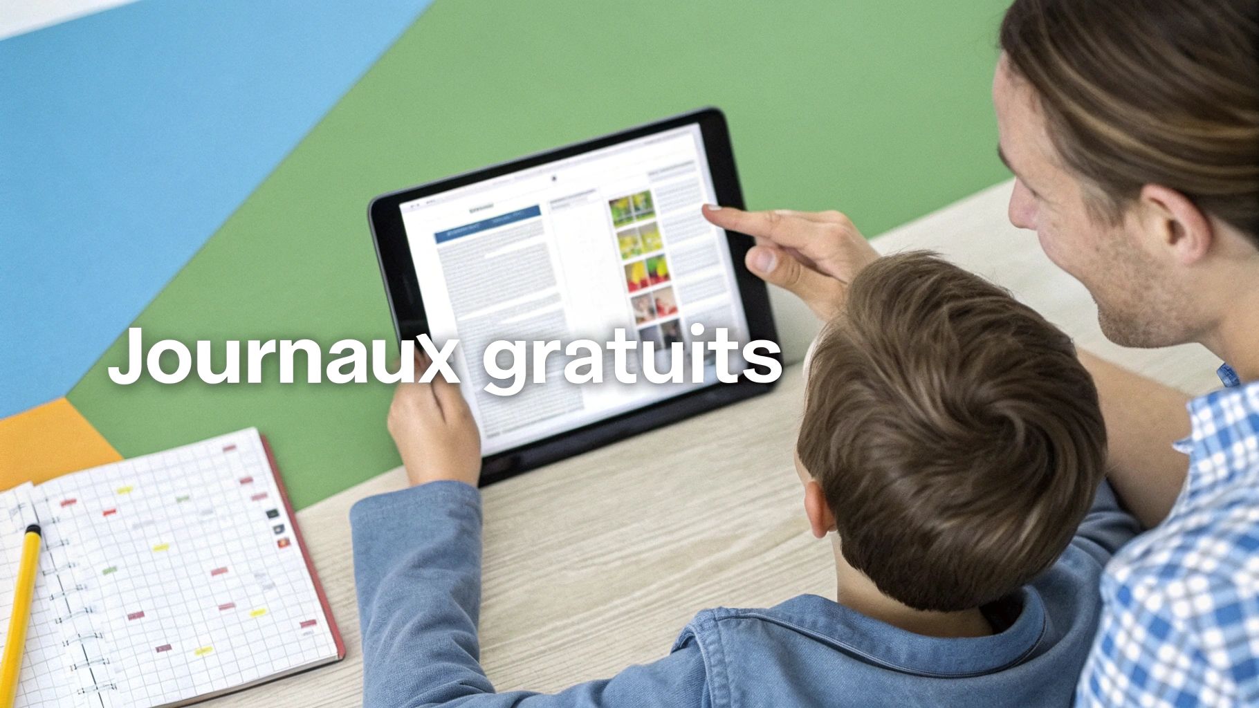 Un enfant est assis à une table en bois et écrit dans un journal imprimé, avec des crayons de couleur éparpillés.